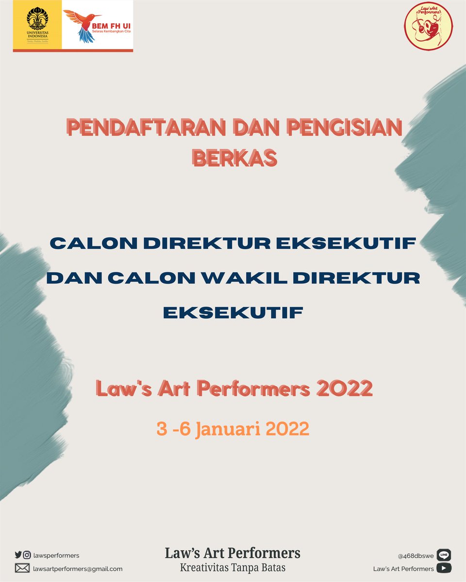 lawsperformers's tweet photo. [WE’RE LOOKING FOR YOU!]

Pendaftaran Law’s Art Performers telah dibuka! Bagi kalian yang berminat menjadi Direktur Eksekutif dan Wakil Direktur Eksekutif Law’s Art Performers 2022.— https://t.co/1X3kWeavVE