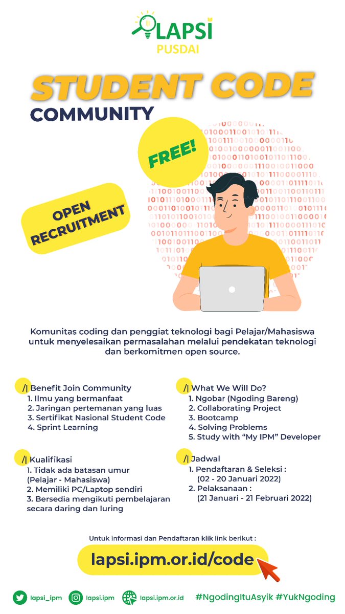 wauhashem's tweet photo. Sejauh ini yg daftar DevMu camp tembus 100 🎉 calon penerima, meskipun yg kita terima hanya 10, oleh karena itu untuk bisa mengakomodir temen temen yg punya tekad belajar ngoding namun gagal dapet beasiswa bisa ikut StudentCode ke-2 by @lapsi_ipm https://t.co/DoIySR3Yij