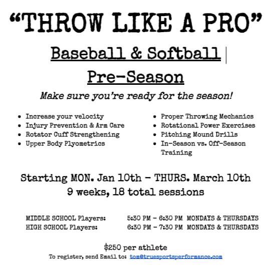TrueSportsDL's tweet photo. New program for #baseball &amp; #softball players starting NEXT MONDAY, Jan. 10th in #DetroitLakes.

Get registered today!  tom@truesportsperformance.com 

#InjuryPrevention #armcare #velocity #mechanics #RotatorCuff 
#SportsPerformance  #BaseballPerformance #SoftballPerformance https://t.co/lgRzM6Ksfx