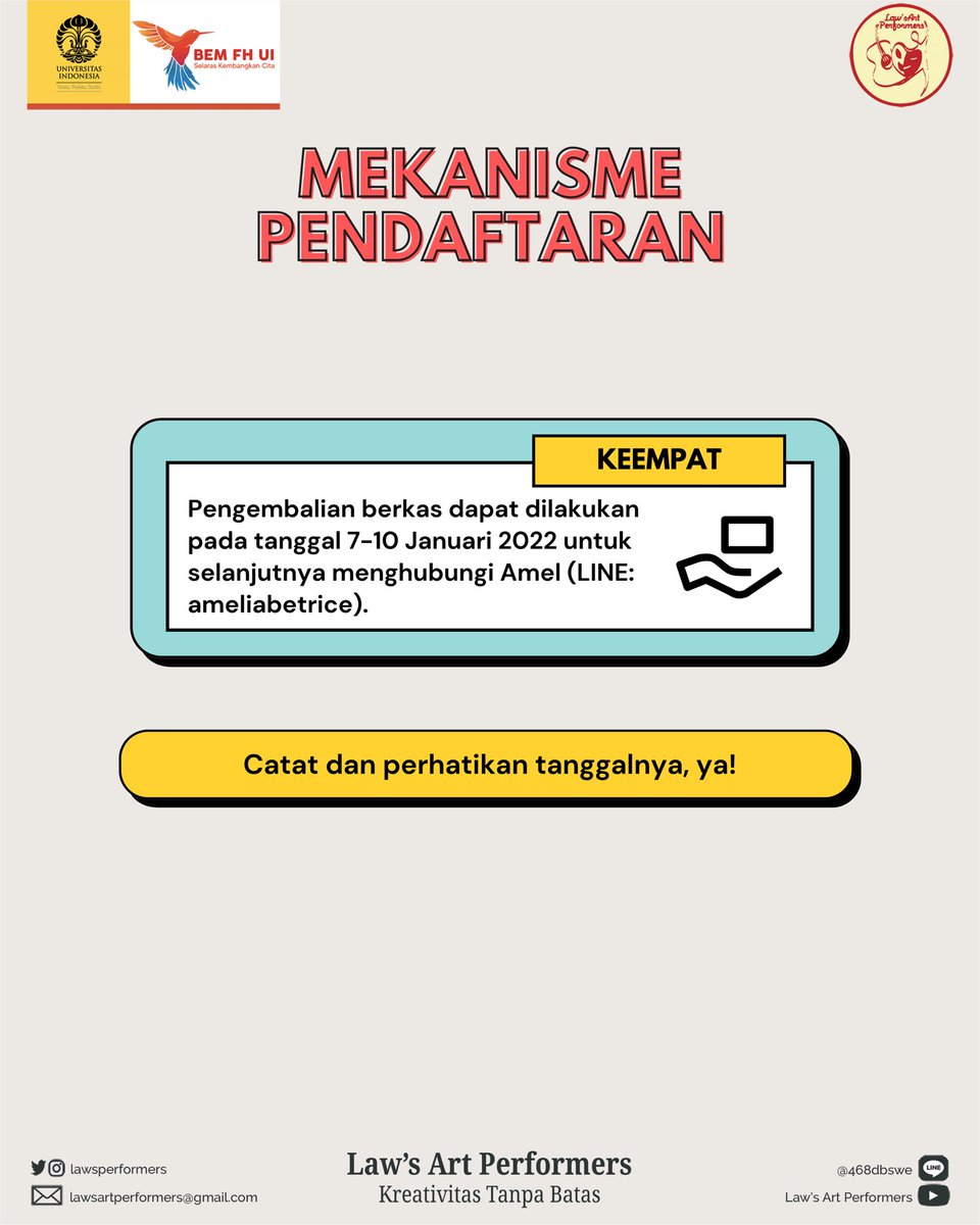 lawsperformers's tweet photo. Periode pengambilan berkas dimulai dari 3 Januari 2022 sampai 6 Januari 2022

Untuk informasi lebih lanjut dapat menghubungi:
Amelia - ameliabetrice (LINE)

Law’s Art Performers,
Kreatifitas Tanpa Batas! https://t.co/Or3taYBfOd