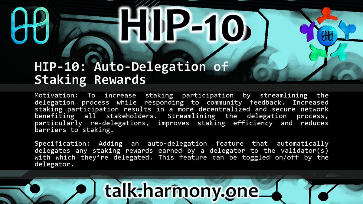 DaoHarmony's tweet photo. 🚨 @harmonyprotocol $ONE Governance Proposal🚨

HIP-10: Auto-Delegation of Staking Rewards.

Summary: This proposal is to add an auto-delegate feature for staking rewards.

✍️Talk: https://t.co/6LPAYZE5Ni

💙#VDaoDotOne💙 https://t.co/EVYff2Y2J7