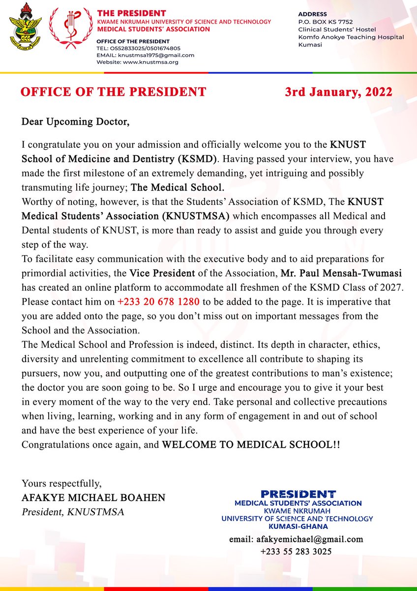 knustmsa's tweet photo. Freshers of KNUST School of Medicine and Dentistry, welcome!!
And please take note! https://t.co/k0SGYUQtLx