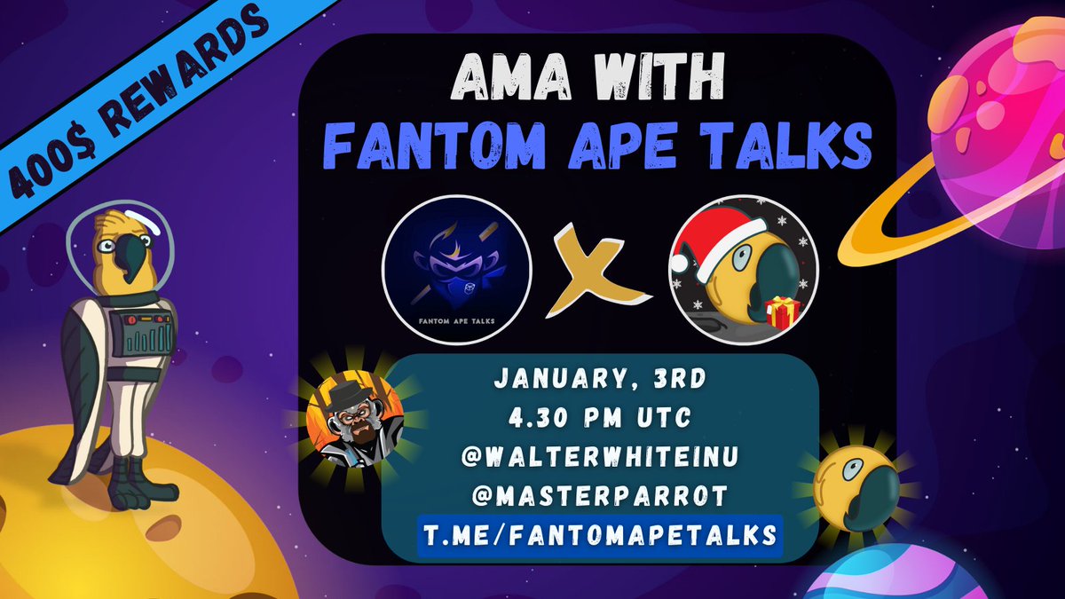 Yield_Parrot's tweet photo. 📢Fantom Ape Talks will host an AMA for us!🔥
Don't miss out on this AMA, there's $400 rewards, so don't forget to prepare your questions!💪
🗓 3rd January, 2022
⏰ 4.30 pm UTC
👥 WalterWhiteInu & MasterParrot
📌 https://t.co/TclZktfXSy
#DeFi #AMA #Fantom #YieldParrot https://t.co/yJg0cBe6TQ