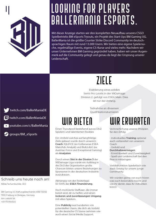 Es ist Zeit für ein Neuaufbau mit tatkräftiger Unterstützung.
Dein Last Minute Ticket um den Aufstieg in die DIV2 🤙

Wir sind hier um gemeinsam zu ballern, du auch?
#lftcs #csgo