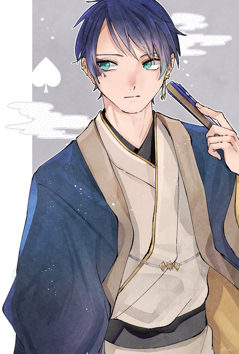 1boy male focus blue hair japanese clothes solo hand fan earrings  illustration images
