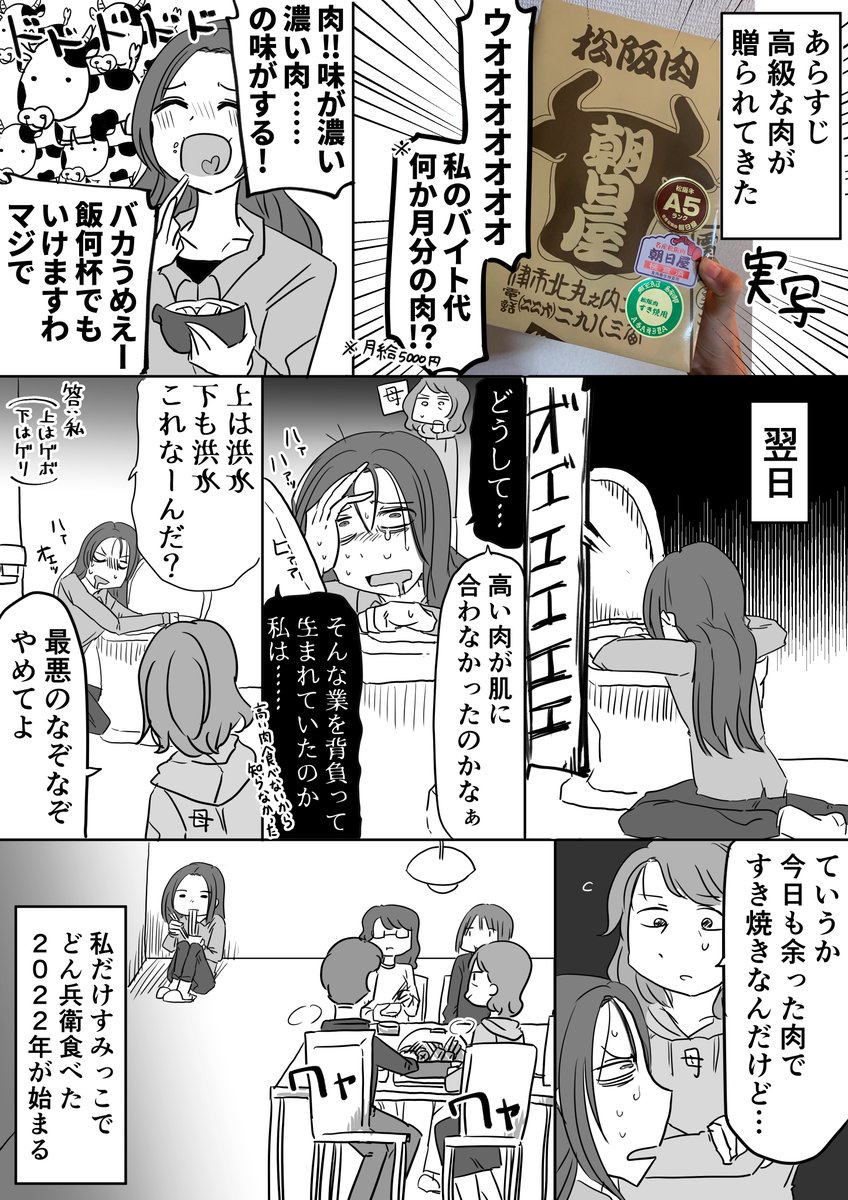 書き初め実録漫画「高い肉」 