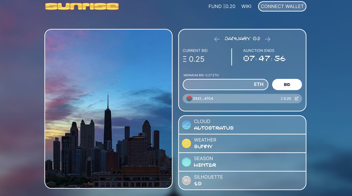 Our .25 ETH reserve has been met!!! 🌞💛 Thank you <a href="/plopperanne/">konohia.eth</a> 👏🏼✨

How gorgeous is this?! Huge thank you to my unbelievable team 👏🏼 <a href="/LaurenDorman/">Lauren Dorman</a> and 👏🏼 <a href="/danielchiruiz/">Daniel Ruiz</a> for this beautiful UI &amp; UX! 🤩

Sunrise.art