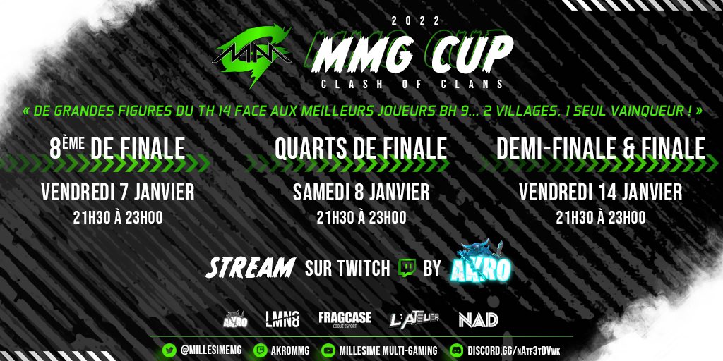 🍿 Préparé vos pop corn, 
🏟 Nouveau concept de tournoi,
🤜🏻 16 participants de renom sur HDV et MDO,
🥇 1 vainqueur 
💶 CP 50€

✅ MMG CUP débute le vendredi 7 janvier 2022 à 21h30 

📺 à suivre sur twitch : AKROMMG

#ClashOfClans #MMGCUP