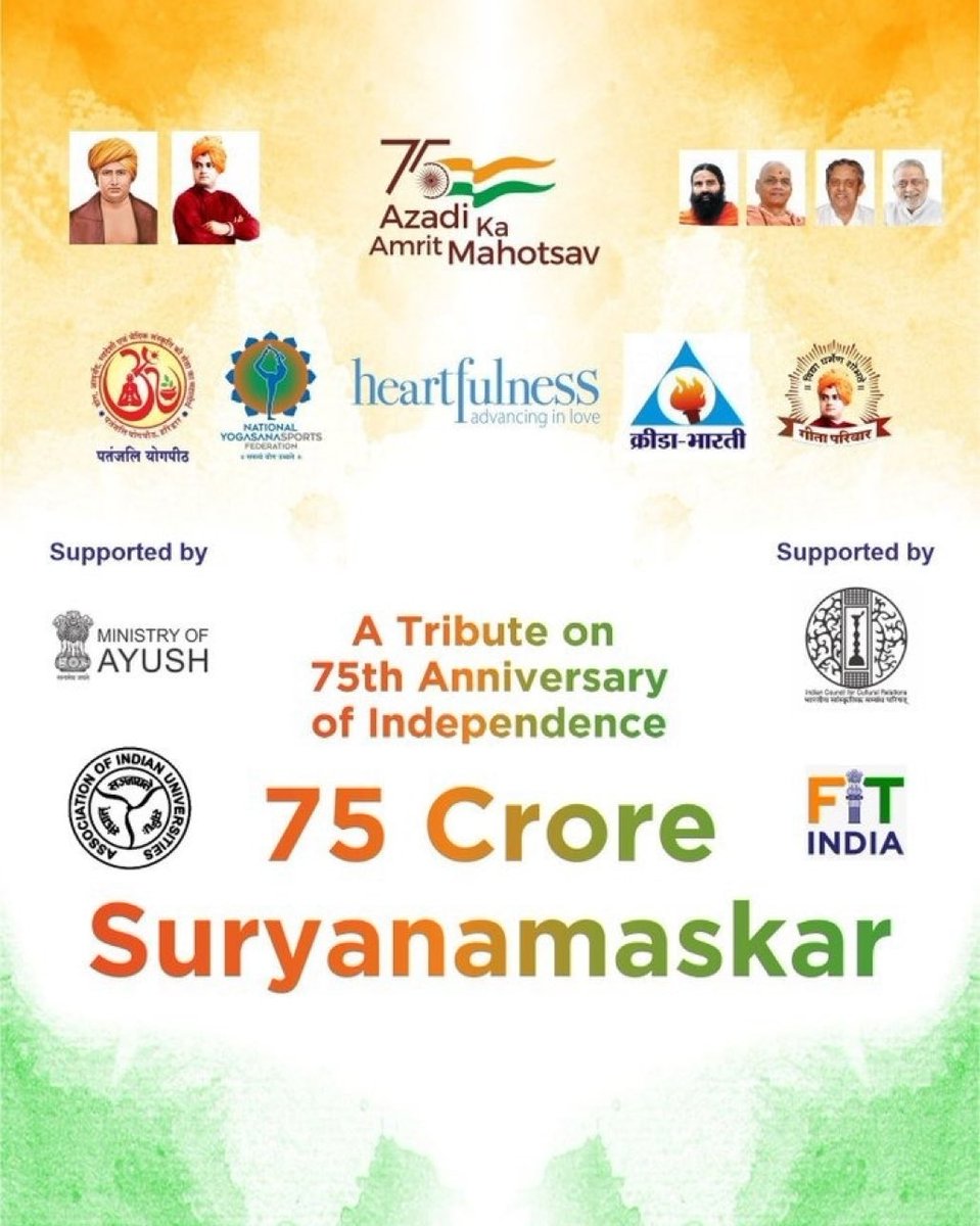 Participate in the '750 million #Suryanamaskar' project organised  by @iccr_hq and @yogasanaindia.

For more information & registration, visit 75suryanamaskar.com

@iccr_hq @India_Armenia
@moayush
@FitIndiaOff

#ChakraYoga #AmritMahotsav #AzadiKaAmritMahotsav