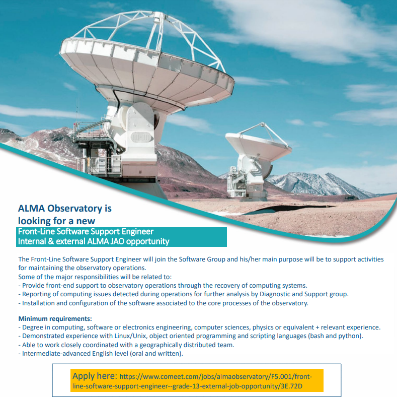 ALMAObs_esp's tweet photo. ¡Comienza el año trabajando con nosotros!😊#FelizLunes
Vacantes abiertas:
✅Systems Engineer.
✅Antenna Transporter Operator &amp; Maintenance Technician.
✅Front-Line Software Support Engineer.
Postula en el link ⬇️
https://t.co/Fiw3nMtm6H https://t.co/62Kk0FXAGu