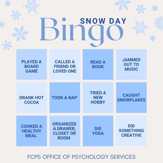 FCPS School Psychology Services (@fcpspsychs) on Twitter photo #tipfortoday for the first <a href="/fcpsnews/">Fairfax Schools 🌟</a> snow day of the school year! Here are a few a fun ideas to help you engage in different self-care, mindfulness, and/or wellness activities today. What activity are you going to try out today? #snowday #mentalhealth #mindfullness #tipfortoday for the first <a href="/fcpsnews/">Fairfax Schools 🌟</a> snow day of the school year! Here are a few a fun ideas to help you engage in different self-care, mindfulness, and/or wellness activities today. What activity are you going to try out today? #snowday #mentalhealth #mindfullness