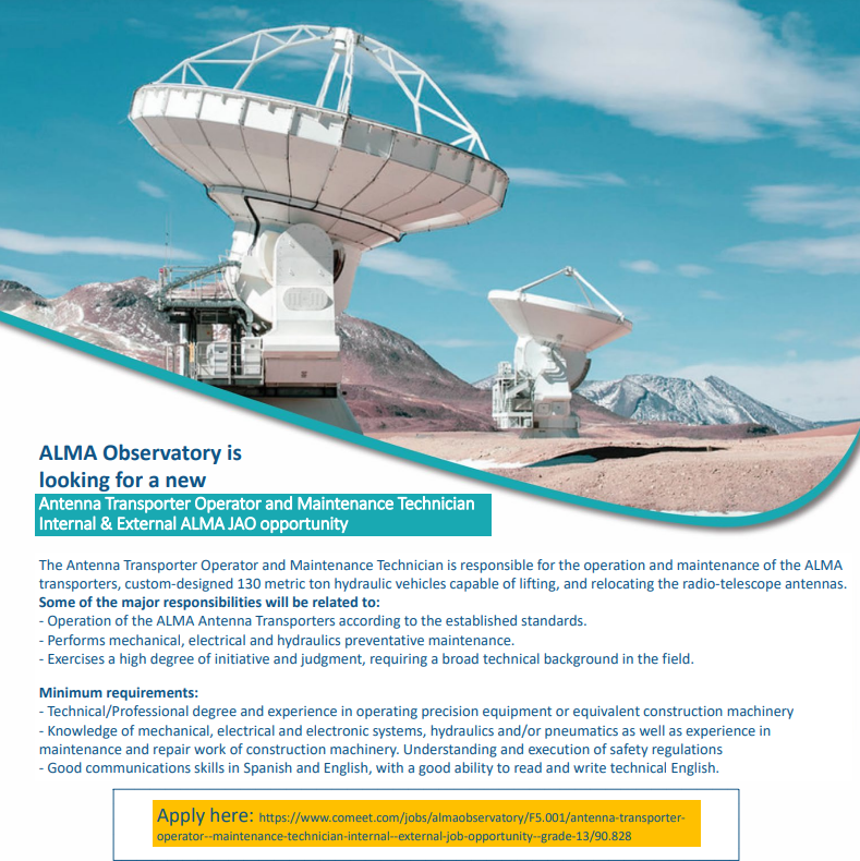 ALMAObs_esp's tweet photo. ¡Comienza el año trabajando con nosotros!😊#FelizLunes
Vacantes abiertas:
✅Systems Engineer.
✅Antenna Transporter Operator &amp; Maintenance Technician.
✅Front-Line Software Support Engineer.
Postula en el link ⬇️
https://t.co/Fiw3nMtm6H https://t.co/62Kk0FXAGu