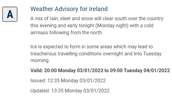 A Weather Advisory has been issued for icy conditions overnight🥶

The Advisory is valid from 8pm tonight to 9am tomorrow morning.

Please take care when travelling.

Full details can be found here⬇️
met.ie/warnings/today