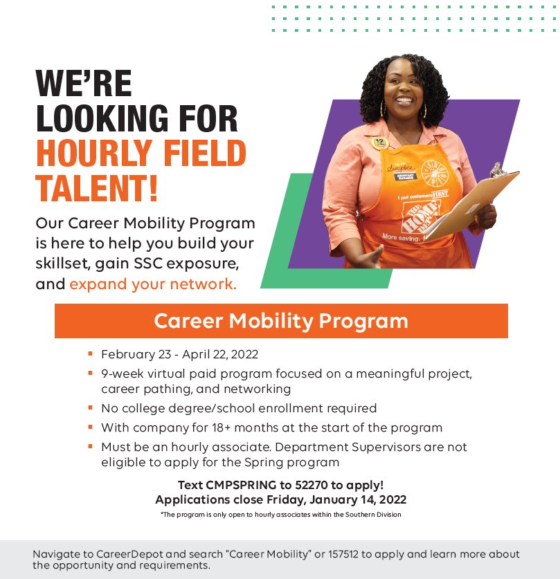 HD Hourly associates- are you looking to grow your career? Apply for our Career Mobility Program to gain SSC exposure and expand your network! Text CMPSpring to 52270 to learn more and apply. ⁦@HomeDepotCareer⁩ ⁦@HomeDepot⁩ ⁦@HomeDepotGR⁩