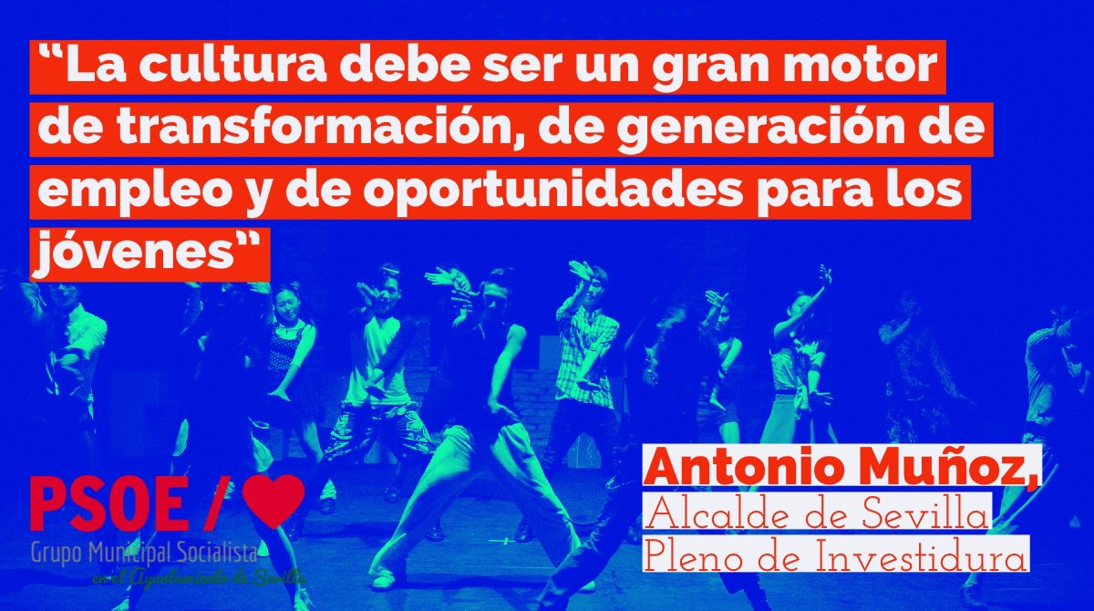 PSOEAytoSevilla's tweet photo. “La cultura debe ser un gran motor de transformación, de generación de empleo y de oportunidades para los jóvenes”

@antoniomunozsev 

🌹#AntonioMuñozAlcalde https://t.co/t9ddqwNSU7