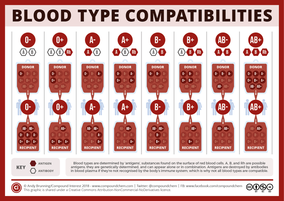 January is #BloodDonorMonth 🩸 Here's a graphic looking at the compatibility of different blood types: compoundchem.com/2018/01/12/blo…