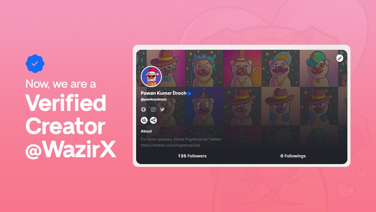 PremadeNFTs's tweet photo. We are a verified creator @WazirXNFT 
Thank you to PugVerse's wonderful community 

#goalachived #verifiedprofile #verifiedcreator #verified #trustedProject #NFTs #pugverse https://t.co/g2KGUZ1I2e