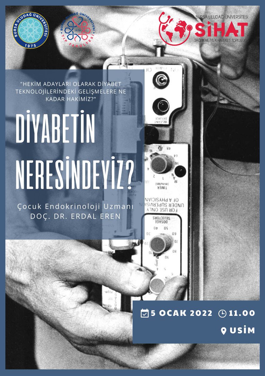 ulusihat's tweet photo. UluSİHAT olarak hekimler ve hekim adayları olarak sıklıkla karşılaştığımız diyabetle alakalı birçok soruya Çocuk Endokrinoloji Uzmanı Doç. Dr. Erdal Eren hocamızla birlikte cevap bulmaya çalışacağımız "Diyabetin Neresindeyiz?" seminerimizle karşınızdayız💫 https://t.co/mWtJWIVfT5