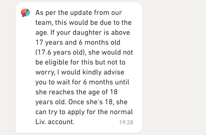omerio's tweet photo. @LivBank This contradicts the response I received from the support team. According to them a 17 and 6 months child will have to wait until they are 18. https://t.co/QEvxJIneVT