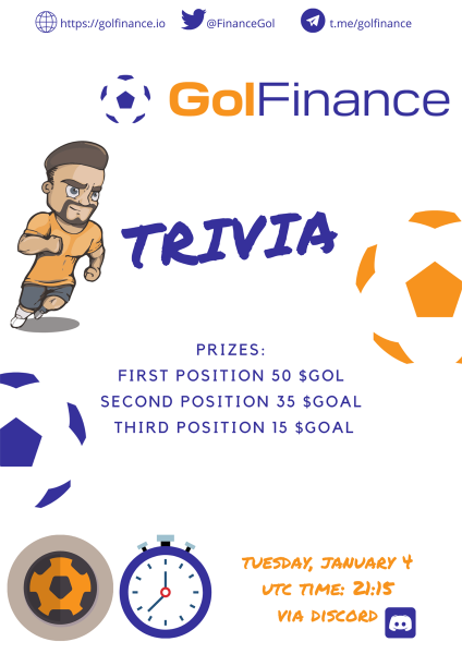 FinanceGol's tweet photo. Hi everyone!
#GOLFinance team would like to invite you
to a Quiz in our Discord group!

Theme: #Football World Cup 1970
Proposed date : Tuesday, January 4, 2022 
Time: UTC 21:15
9 questions / prizes (100 $GOAL in total).

Prizes:
First  50 $GOL
Second  35 $GOAL
Third  15 $GOAL https://t.co/IwKzLWiZAT