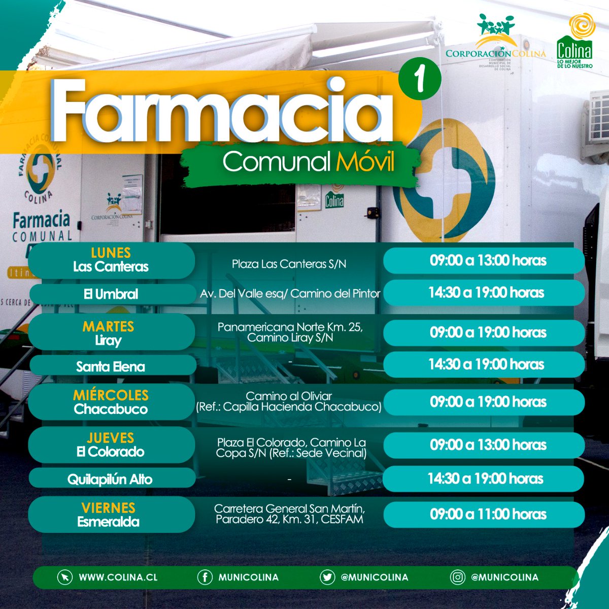 MuniColina's tweet photo. Informamos los lugares y horarios en los que, semana a semana, estarán ubicados los dos camiones farmacia con los que @CorpColinaSalud llega a toda la comuna, ofreciendo importantes descuentos en el valor de medicamentos, insumos médicos y artículos veterinarios.
@imvalenzuela https://t.co/f01xutoguO