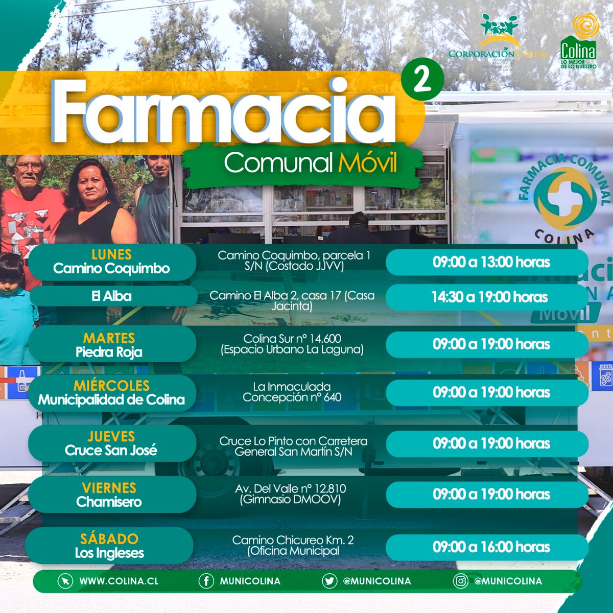 MuniColina's tweet photo. Informamos los lugares y horarios en los que, semana a semana, estarán ubicados los dos camiones farmacia con los que @CorpColinaSalud llega a toda la comuna, ofreciendo importantes descuentos en el valor de medicamentos, insumos médicos y artículos veterinarios.
@imvalenzuela https://t.co/f01xutoguO