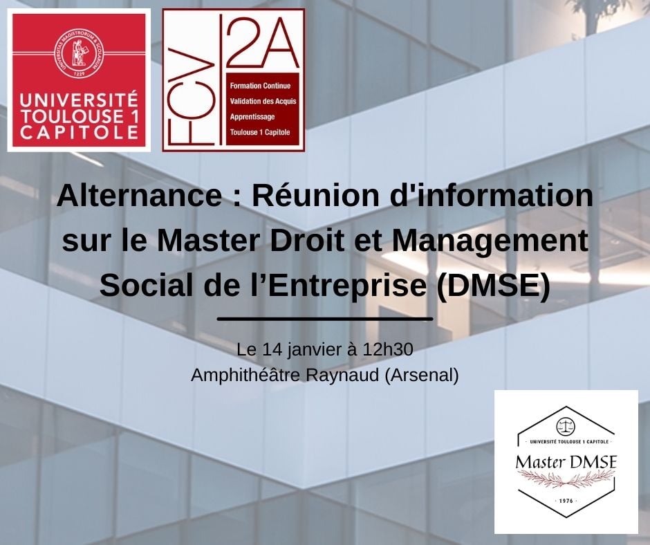 UTCapitole's tweet photo. 📢 Réunion d'information sur le Master Droit et Management Social de l'Entreprise #DMSE en #Alternance
🔴 Réunion destinée aux étudiants de L3 droit et AES
Plus informations 👉 https://t.co/ceFEy7tN86 https://t.co/lShN6pdjGn