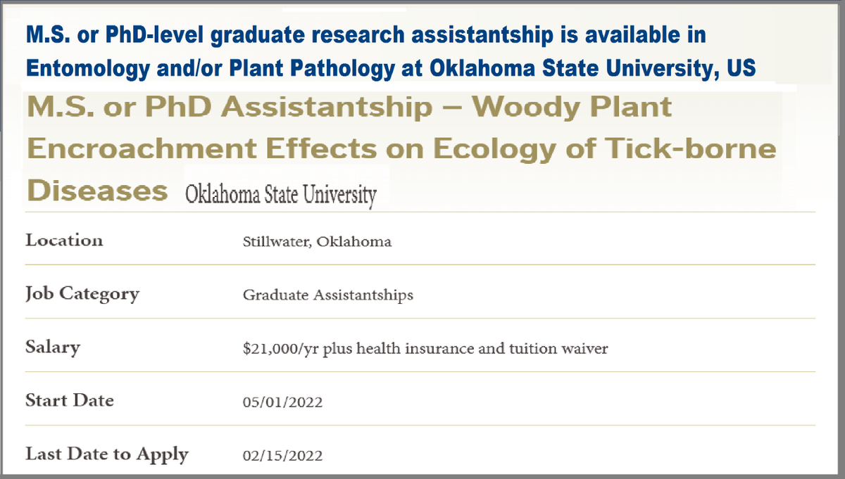agristok's tweet photo. 📌 M.S. or PhD-level graduate research assistantship is available in Entomology and/or Plant Pathology🪲🦠🌱 at Oklahoma State University, US🇺🇸 ... Please retweet and spread the word! For details visit the link below👉👉 https://t.co/b89BD67WTz https://t.co/6OE7hEevaX