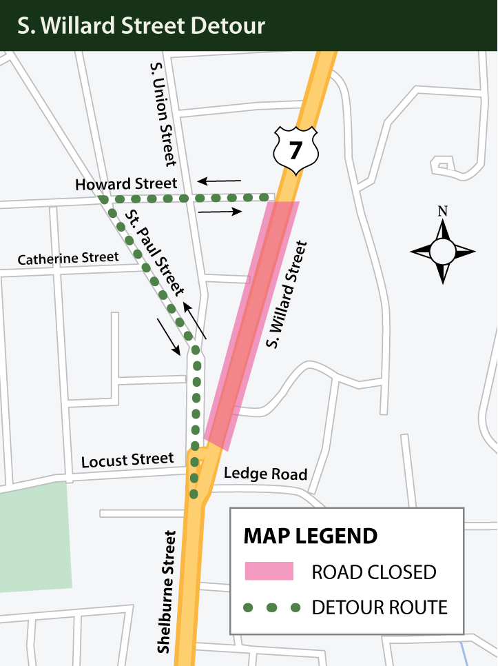 Motorists traveling southbound will be directed to take Howard St. to St. Paul St. to Shelburne St. 

Residential access along South Willard and Chittenden Drive will be maintained. The closure will be in place 24/7 for approx. eight weeks.

For more:
vtrans.vermont.gov/projects/burli…