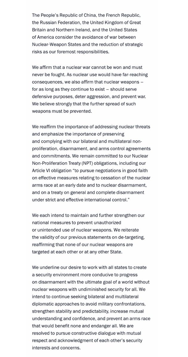 ❗️BREAKING NEWS:

Joint Statement of the Leaders of the Five Nuclear-Weapons States (🇨🇳China, 🇫🇷France, 🇷🇺Russia, 🇬🇧UK, 🇺🇸US) on Preventing #NuclearWar and Avoiding Arms Races.

🔗Read in full➡️ en.kremlin.ru/events/preside…