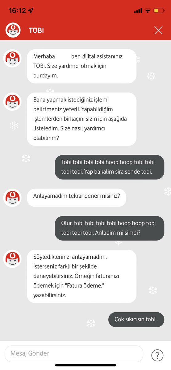 Markaların Dijital Asistan ve Yapay Zeka konularında kendilerini biraz daha geliştirmeleri gerekiyor.

Çok sıkıcılar ❗️😂

#vodafoneyanimda #tobi #vodafonetr #vodafoneidea <a href="/VodafoneTR/">Vodafone Türkiye</a> <a href="/VodafoneDestek/">Vodafone Destek</a> <a href="/VodafoneTR_apps/">Vodafone Turkey Apps</a> #ai #benvarım