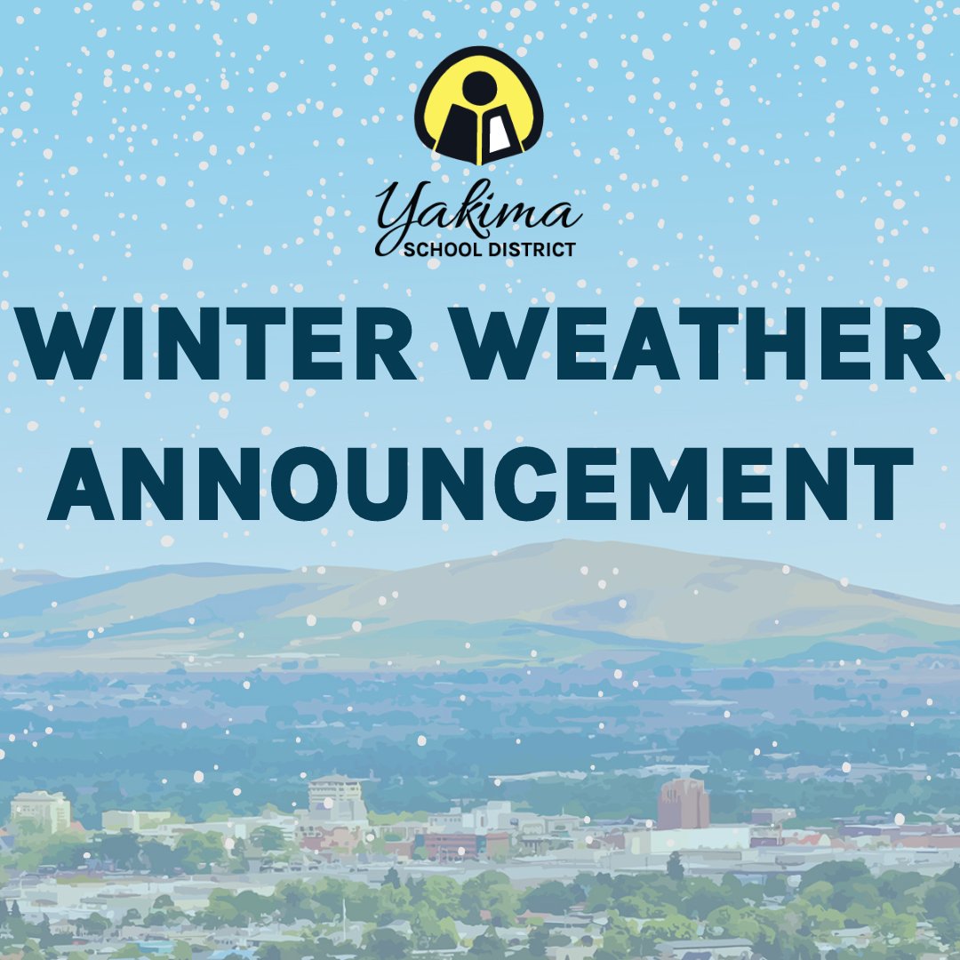 YakimaSchools's tweet image. Due to winter weather conditions YSD is CLOSED today (Mon, Jan 3, 2022). All schools, athletics, COVID testing, and after school programs are canceled. A makeup day will be announced by our school board at a later date. YSD7.org