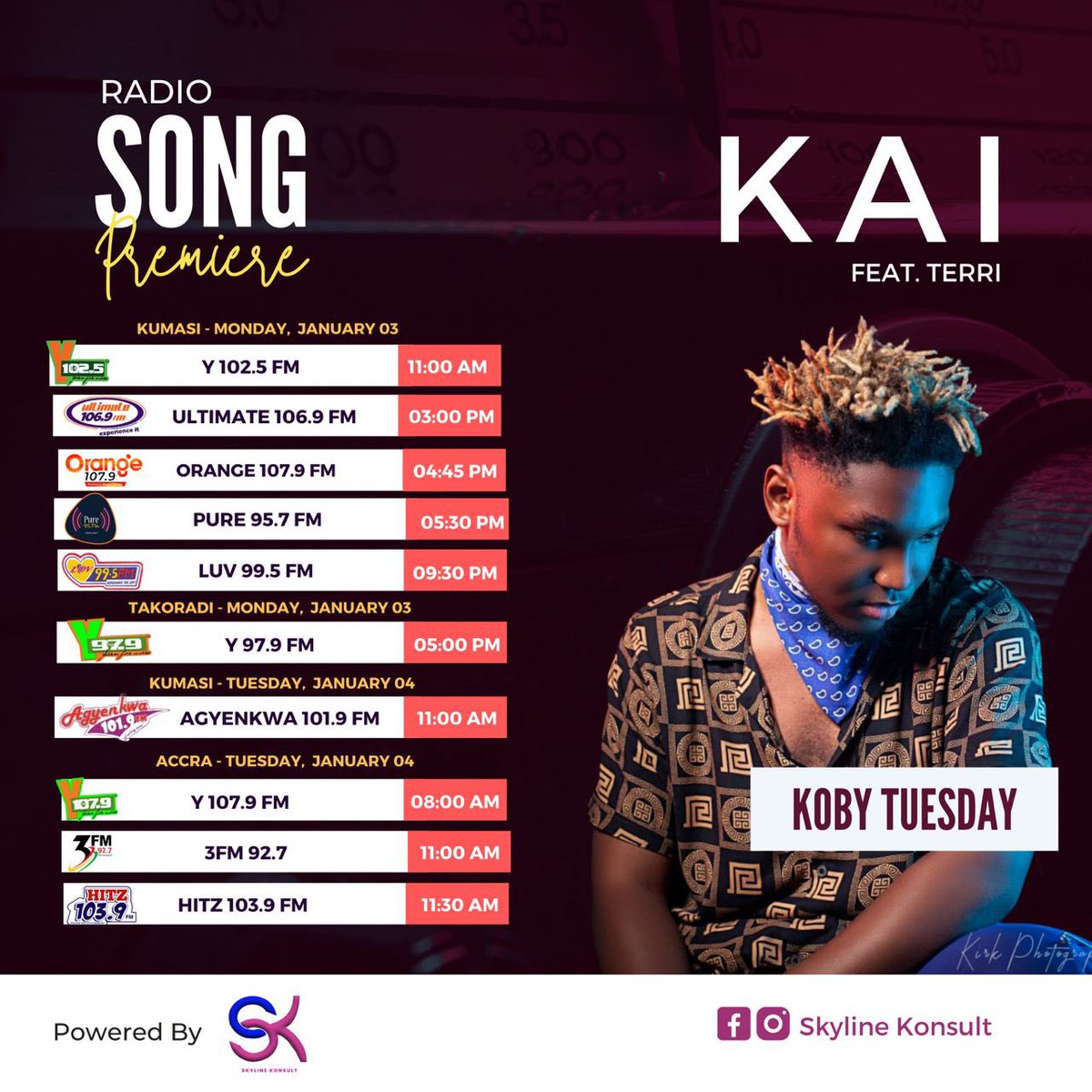 kobyupdates's tweet photo. yessh🔥
@iamkobytuesday  
#kai is been premiered for the first time on all these radio stations..stay glued my people 
🙏big thanks to y1079fm @y1025fm @yfm979 @pure957fm @ultimate1069fm @3fm92.7 @hitz1039fm @orange107.9 @luvfm99.5 
🇬🇭🇳🇬 https://t.co/qm6polg2oy