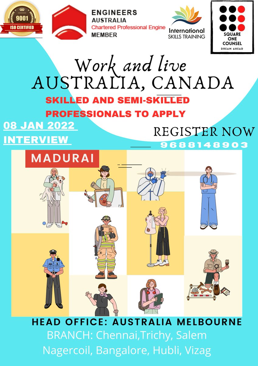 NEVER BEFORE! NEVER AGAIN!
Work and live in beautiful   ####Australia  #####canada
Commonwealth of Australia encourages
Skilled and Semi-skilled
professionals to apply for Regional /
 Employer Sponsored VisaWork 
####08 JAN 2022 (INTERVIEW)
####MADURAI 

wa.me/919688148903