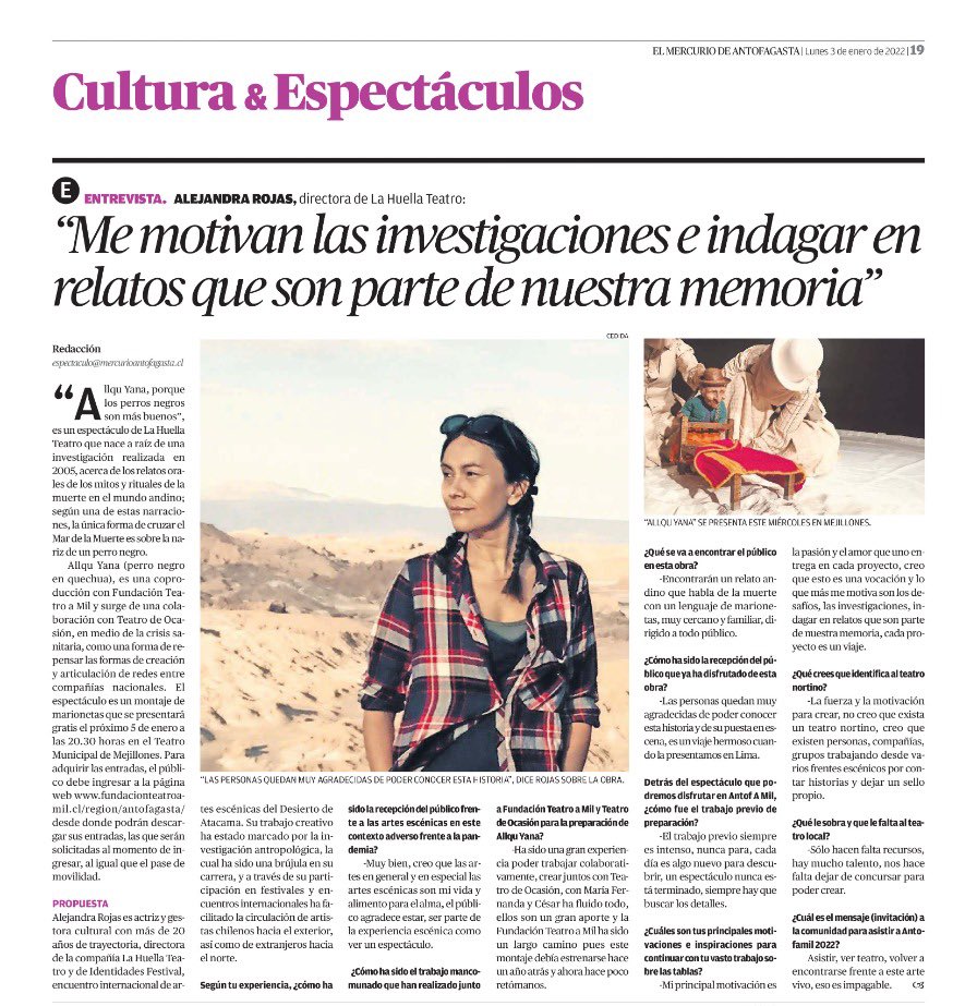 antofamil's tweet photo. ¡Que viva el teatro con #AntofAmil 2022! Hoy el @mercurioafta destaca entrevista a la actriz y directora de @LaHuellaTeatro Alejandra Rojas, que en esta XXI versión trae un imperdible espectáculo familiar: “Ayqu Llana, porque los perros negros son más buenos” 🐾🐕‍🦺 https://t.co/Q4dne0QRFS
