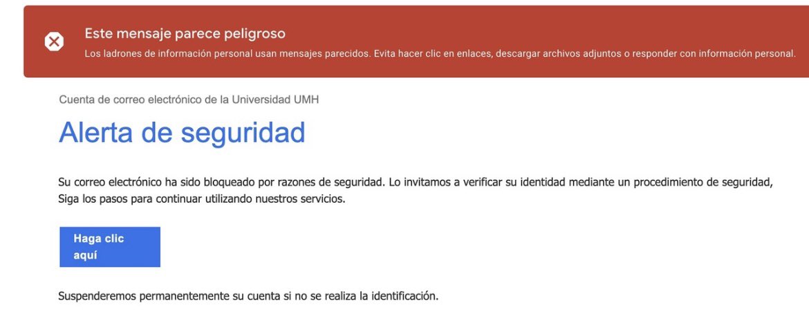 SI_UMH's tweet photo. CORREO PHISHING
Si has recibido estos días el siguiente mensaje ¡no proporciones tus datos!
Los compañeros de @SIPT_umh ya lo han bloqueado pero si los has proporcionado, cambia la contraseña cuanto antes y si  necesitas ayuda ponte en contacto con https://t.co/FzgzQ7hvm6 https://t.co/oVw0MWgzEy