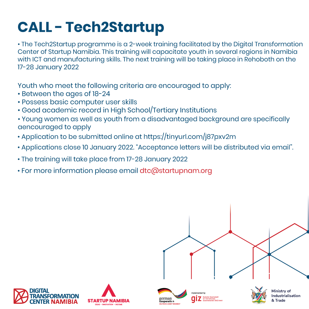 startupnam's tweet photo. CALLING ALL YOUTH IN REHOBOTH!

We will be hosting our next Tech2Startup programme in Rehoboth on the 17-28 January 2022. Applications are now open!
Apply here:
https://t.co/NRGzrf1zgP

#HelloStartUps #Basecamp #ThinkOutside #DTC https://t.co/TNrGK1gb0H