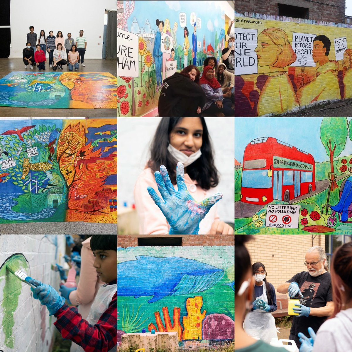 FreshPaintNHM's tweet photo. Our #topnine2021 - this was our first year running Fresh Paint with funding from @ace__london and support from Newham Council and local orgs, it was a great success with 22 young people involved and 4 murals painted. We hope to return late 2022 with a new project! https://t.co/tPv6dMCePa