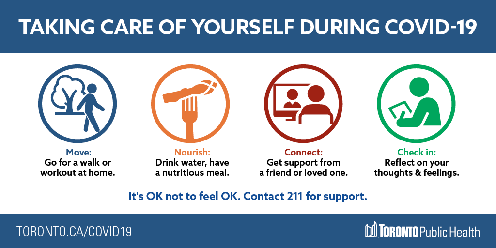 Self-care is key during these times. The #COVID19 pandemic has been difficult &amp; it's important to prioritize your wellbeing. Here are a few tips you can use to take care of yourself, &amp; remember you can access local #MentalHealth supports &amp; services here: toronto.ca/community-peop…