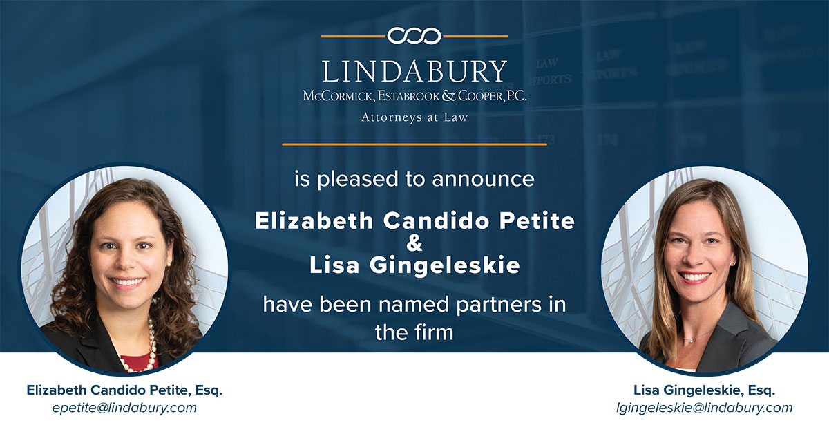 LindaburyLaw's tweet photo. Lindabury is proud to announce that Elizabeth Candido Petite and Lisa Gingeleskie have been named as partners in the firm.
#firmpartner #willstrustsandestatesattorney #laborandemploymentattorney #lindabury #lindaburylaw https://t.co/oGxsfVkNLl