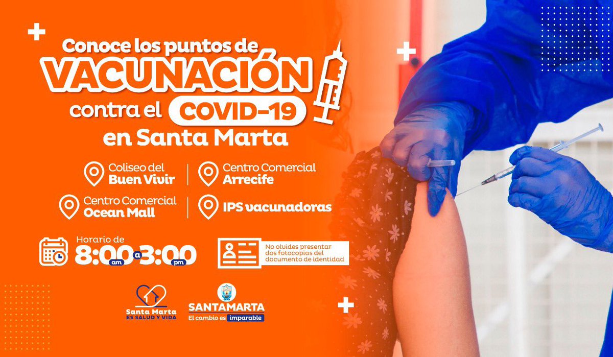 ¡Samario! inicia el nuevo año cuidándote y poniéndote modo #VoyDeUna por mi 💉

Conoce los puntos fijos de inmunización para hoy lunes 👇🏻

📍Coliseo del Buen Vivir
📍C.C. Arrecife
📍C.C Ocean Mall
📍Sedes de las IPS vacunadoras
⏰8:00 am.-3:00 pm.