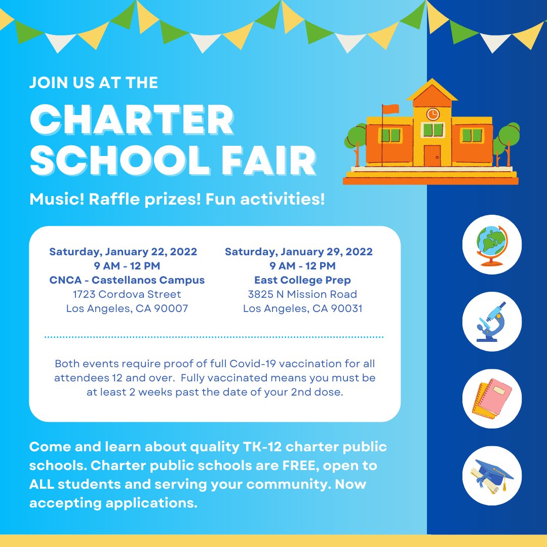 lacfeps's tweet photo. Come and learn about quality TK-12 grade charter public schools. Charter public schools are FREE and open to ALL students. Now accepting applications. #charterswork #lacharterswork https://t.co/r0fpqdmq3R