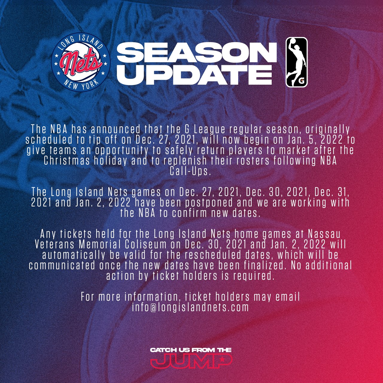 Nassau Coliseum On Twitter: "The Nba Has Announced That The G League Regular Season Will Now Begin On January 5Th. Any Tickets For Long Island Nets Games Held At The Coliseum Between