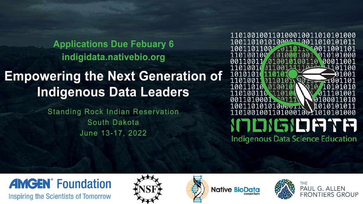 IndigiData's tweet photo. Apply to attend the 2022 @IndigiData summer workshop, to be tentatively held on tribal lands in South Dakota from June 13-17, 2022! Deadline Feb 6

We aim to teach #Indigenous #data #science skills to tribal students through Indigenous-centered curricula. https://t.co/h3JpPyXylG https://t.co/fsB3T9szmV