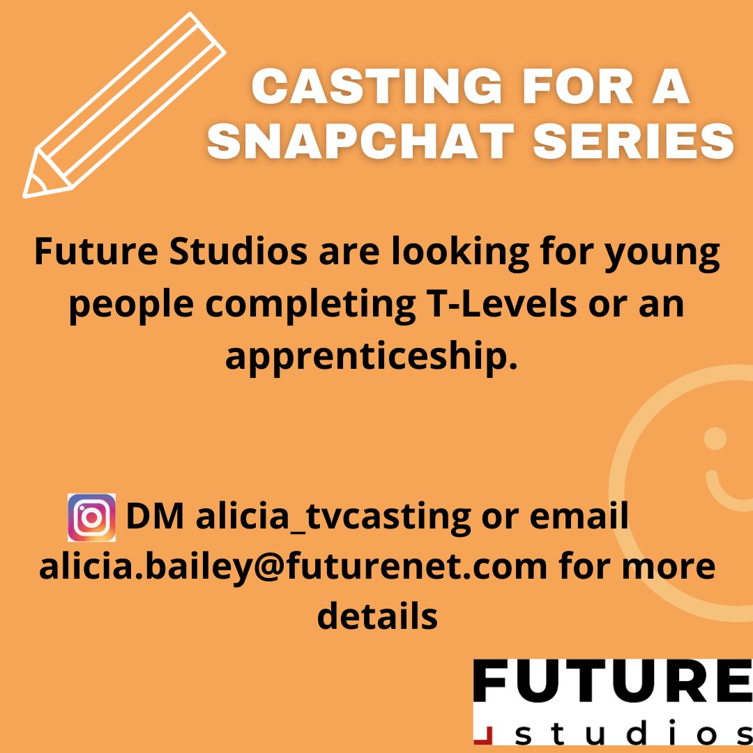 Future Studios are looking for young people doing T-levels or an apprenticeship to appear in a Snapchat series. Email: alicia.bailey@futurenet.com for more details. #tlevels #Apprenticeship #apprenticeships #sixthform #CollegeStudent
