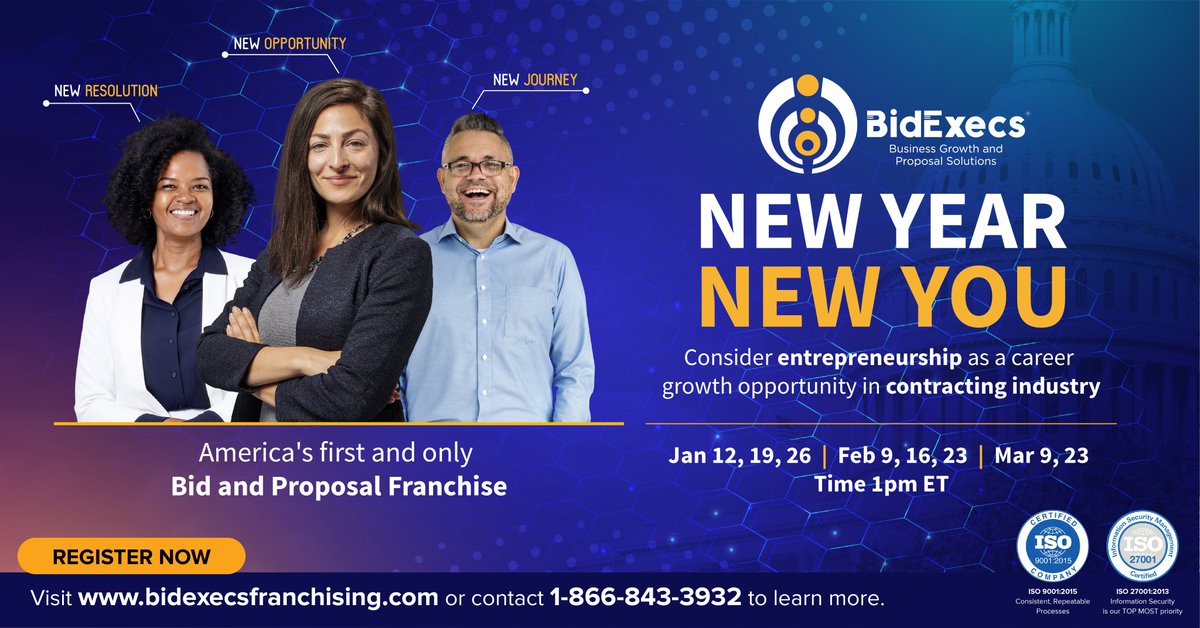 BidExecs's tweet image. New Year New You! Consider entrepreneurship as a career growth opportunity in contracting industry, Join Edward James to learn all new business opportunities for you in the &quot;New year New you” webinar. Click Here to Register - bit.ly/3qGEcff

#Franchise #webinar #bidexecs