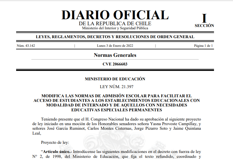 inba_cea's tweet photo. ¡Al fin es ley! Hoy se publicó en el Diario Oficial la ley que permite la postulación vía SAE  a colegios con modalidad de internado. https://t.co/iUIAIYrx4t