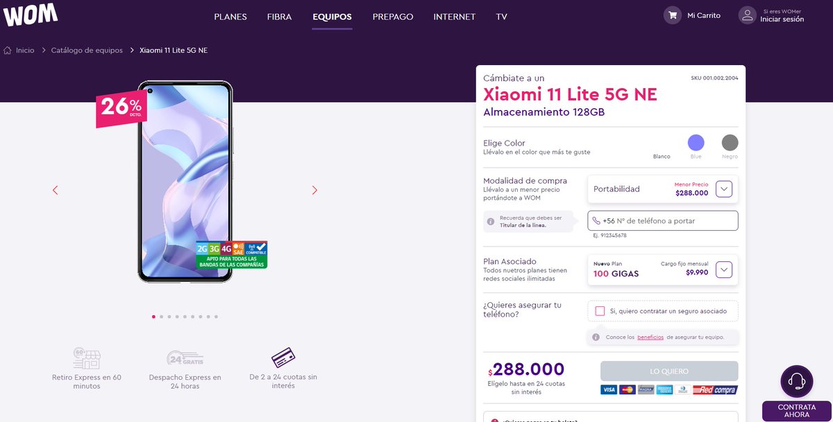 8bitvirus's tweet photo. @womchile Me porté desde Entel a ustedes para poder comprar el Xiaomi 11 lite 5G NE a $288.000, y resulta que al final terminé pagando $379.990 porque la vendedora no fue capaz de informar que "algunos metodos de pago no tienen derecho a rebajas", hasta que lo ví en la boleta. https://t.co/zD0HfQkgDO