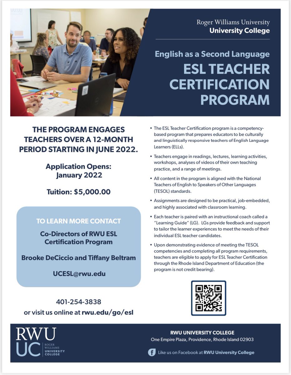 Exciting News!!! RWU is ENROLLING NOW! All partnering district leaders received an email today regarding the ESL certification program for 2022-2023! First open virtual informational meeting is on January 25th at 4pm!! <a href="/BeltramTiffany/">Tiffany Beltram</a> <a href="/GBianco_/">Gena Bianco</a> @rwuuc