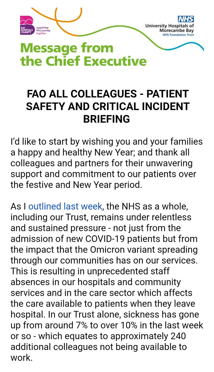 ShaunLintern's tweet photo. Critical incident declared tonight at @UHMBT as Omicron sickness hits staffing alongside new Covid admissions. Non-urgent operations cancelled and staff re-deployed #LivingWithCOVID https://t.co/i8wsFEnJLn